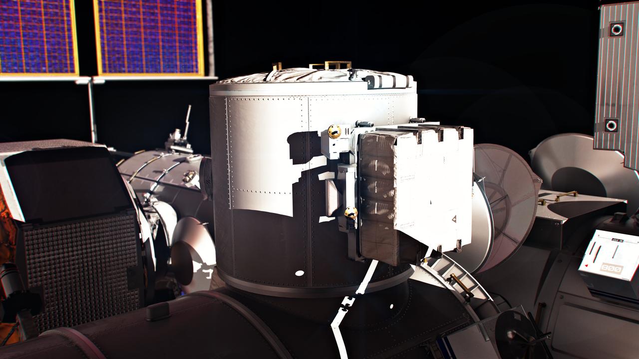 A close-up of a government-reference airlock module for the Gateway Space Station. Mission planning calls for an airlock to be delivered and integrated to Gateway by the crewed Orion spacecraft on the Artemis VI mission after launching on a Space Launch System (SLS) Block 1B rocket.